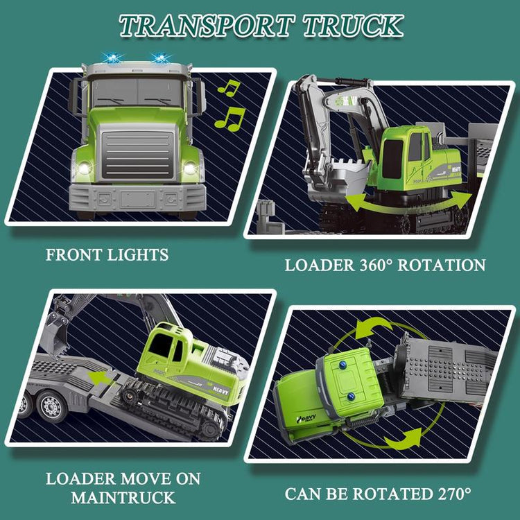 RC Semi Truck & Excavator Toy Set,1:12 RC Semi-Trailer Truck with Sound and Lights,2.4Ghz Remote Control Flatbed Truck with Green Excavator Toys Remoto