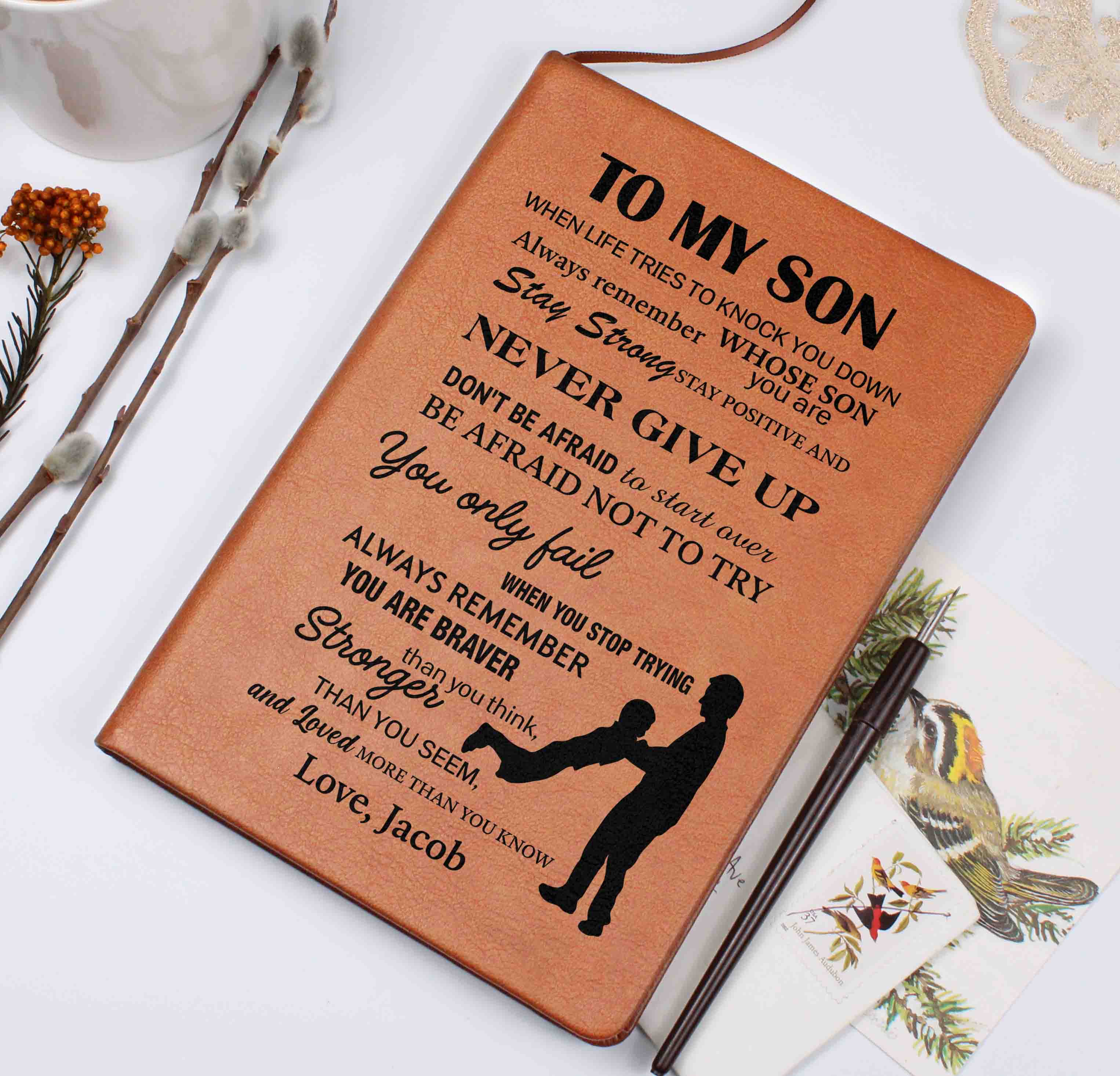 To My Son Personalized Leather Journal Gift from Dad, Never Give Up Inspirational Keepsake Notebook