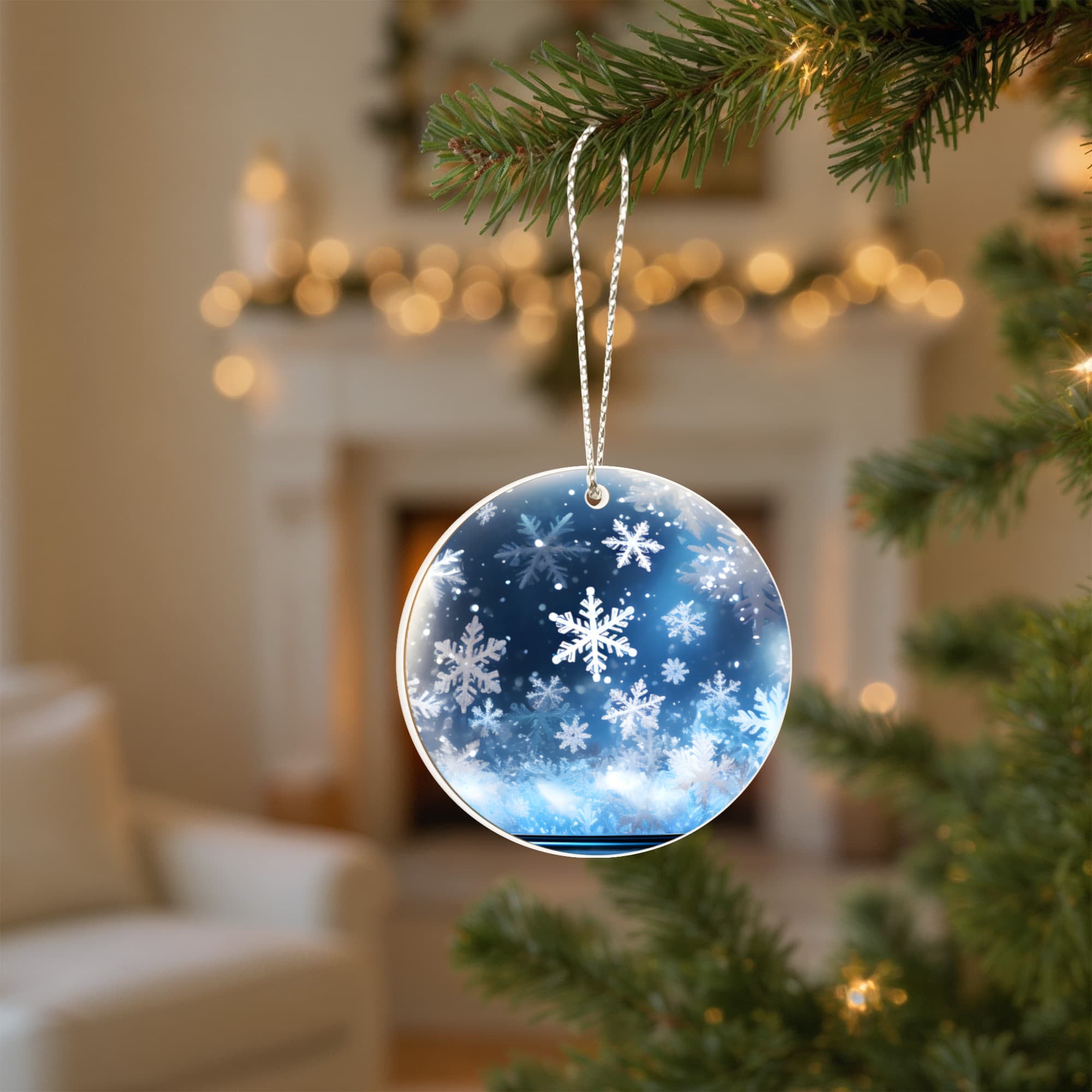 Snowflake Acrylic Ornament – 3" Round Winter Blue Holiday Decoration with Silver Cord & One-Sided UV Printing