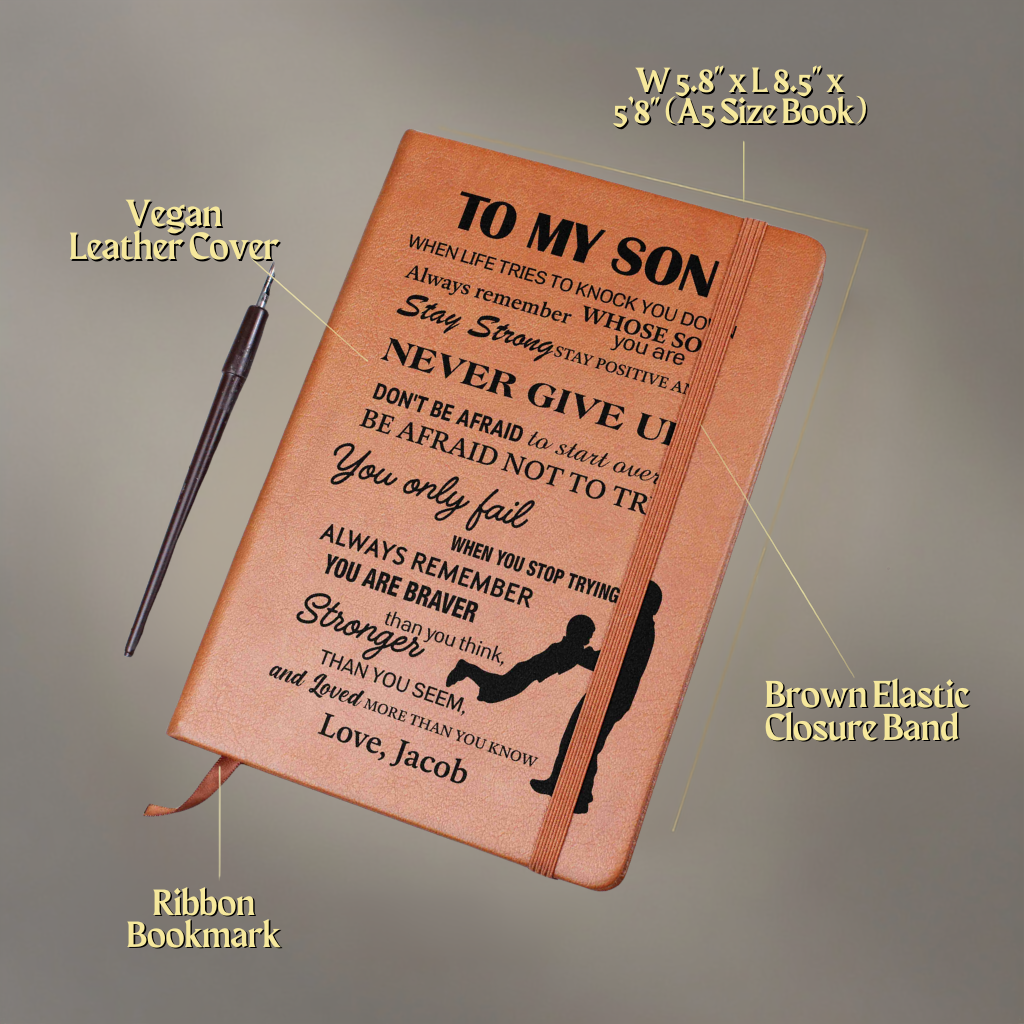 To My Son Personalized Leather Journal Gift from Dad, Never Give Up Inspirational Keepsake Notebook