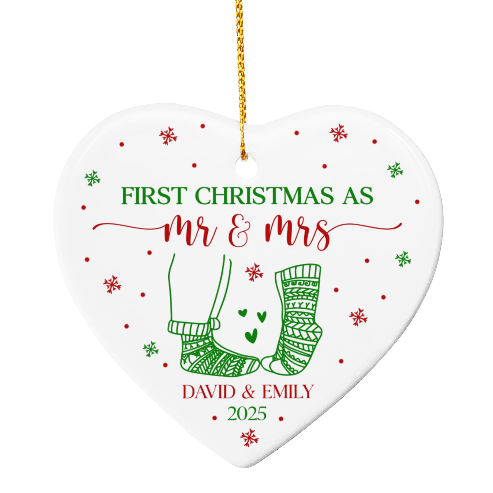 First Christmas as Mr & Mrs Heart Ornament – Personalized Ceramic Christmas Ornament with Names & Year, Wedding & Newlywed Gift