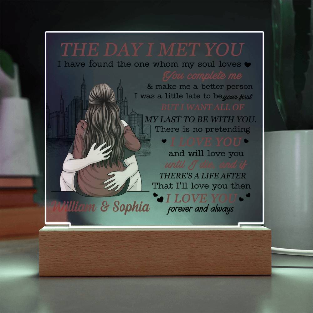 Personalized Valentine LED Acrylic Plaque – The Day I Met You Love Quote, Custom Names Light-Up Romantic Keepsake