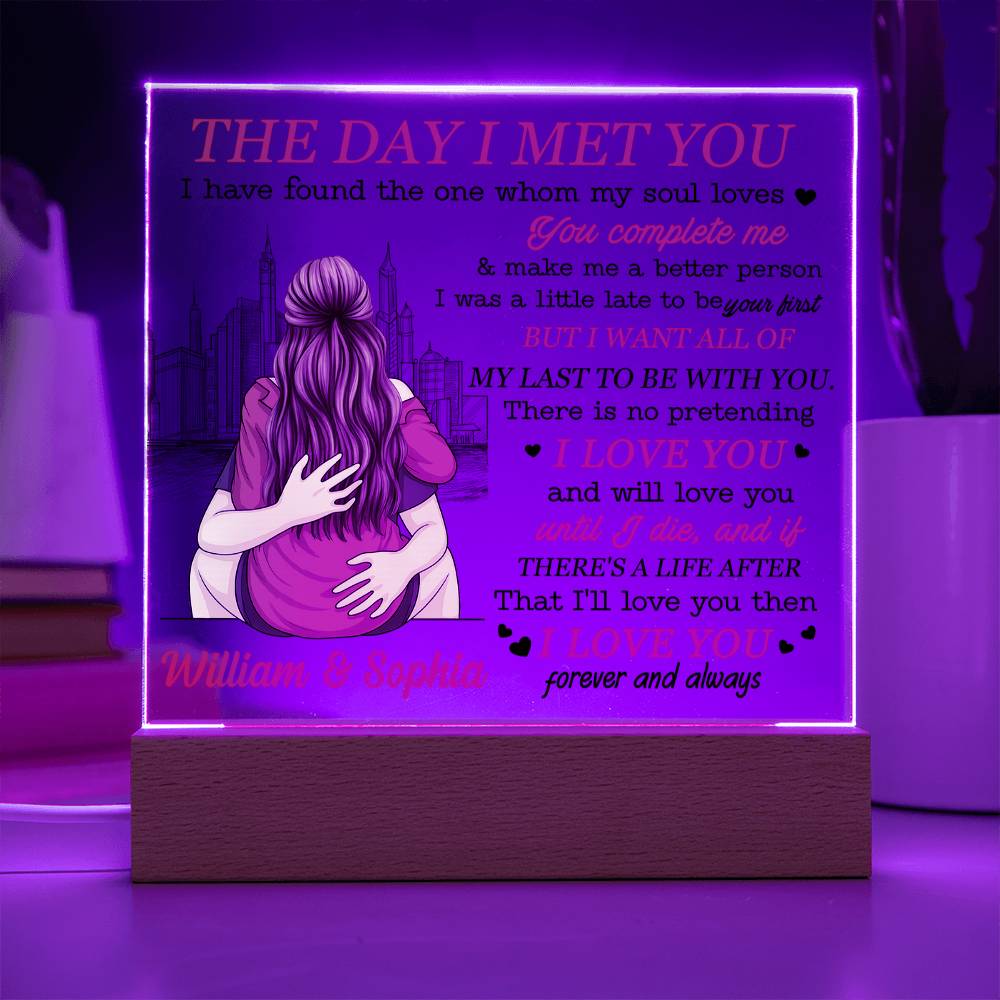 Personalized Valentine LED Acrylic Plaque – The Day I Met You Love Quote, Custom Names Light-Up Romantic Keepsake