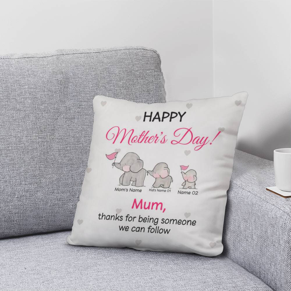 Personalized Mother’s Day Mom Pillow – Elephant Family Throw Pillow with Mom & Kids Names