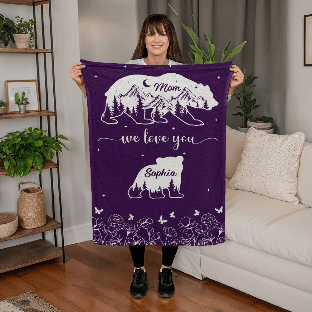 Mom We Love You Personalized Bear Blanket – Custom Mom Blanket with Kids Names, Mother’s Day Gift for Mom, Family Bear Throw Blanket