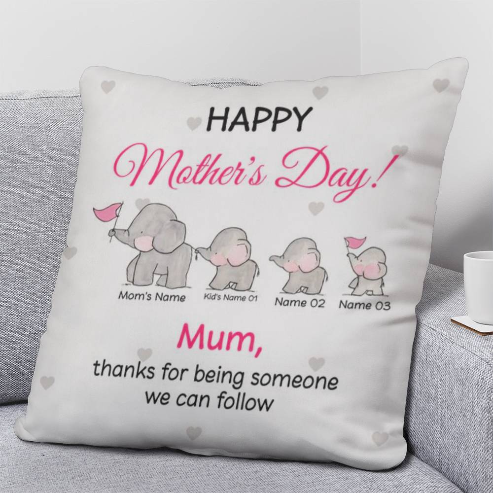 Personalized Mother’s Day Elephant Pillow – Custom Mom and Kids Name Pillow, Happy Mother’s Day Gift for Mom, Cute Mom Throw Pillow