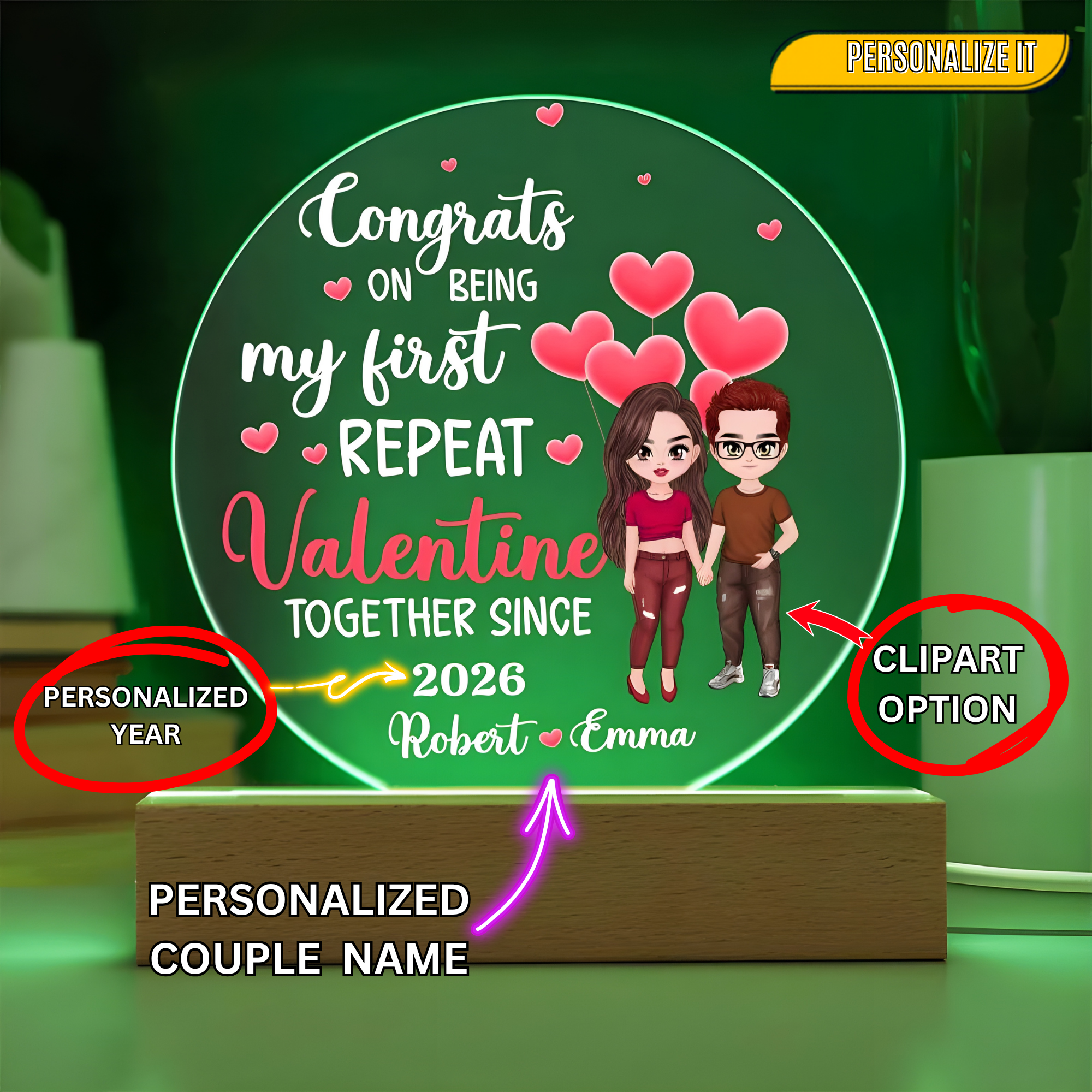 Personalized LED Acrylic Circle Plaque – Repeat Valentine Gift with Custom Names and Date, Romantic Couple Keepsake