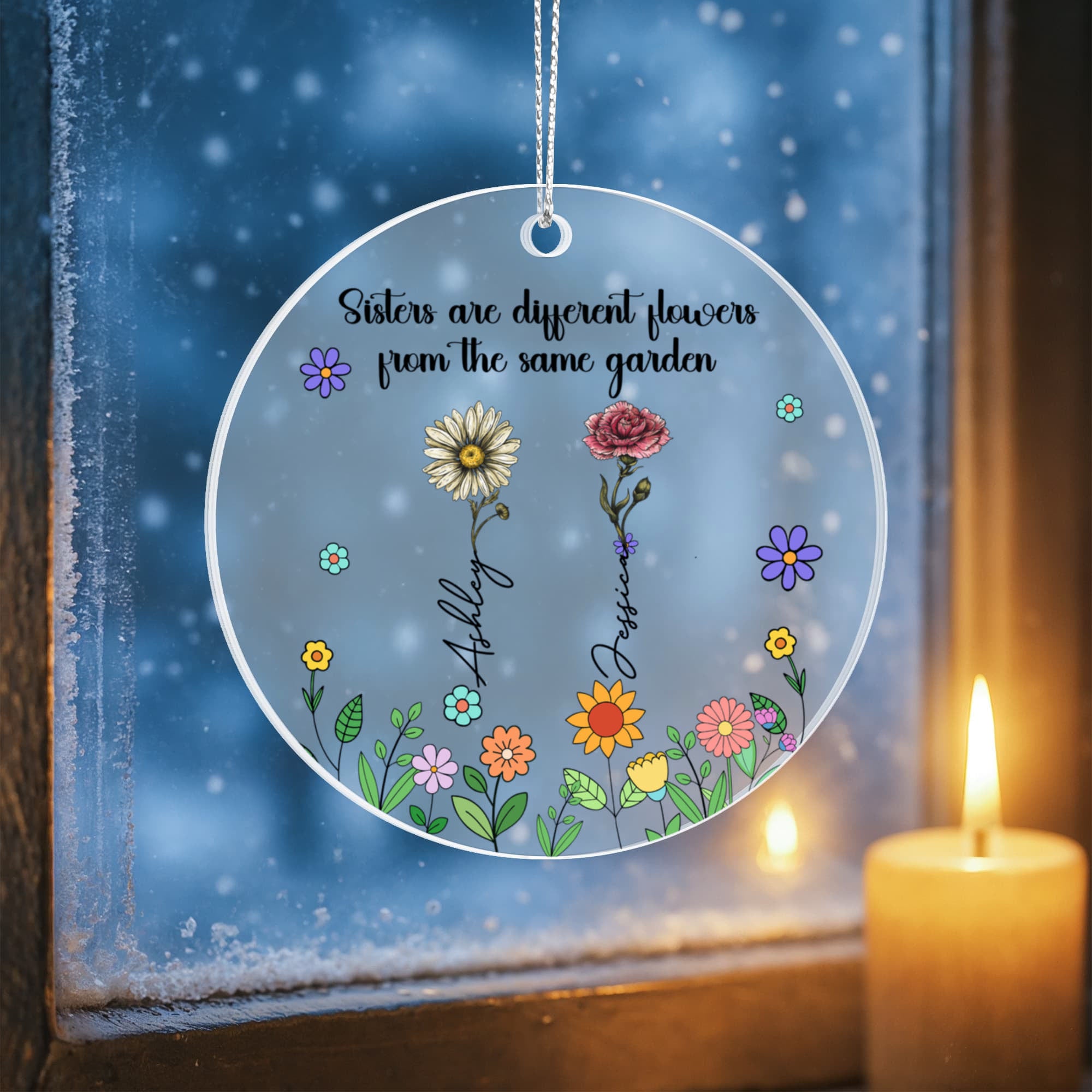 Personalized Sisters Flower Ornament – Custom Names Floral Acrylic Keepsake