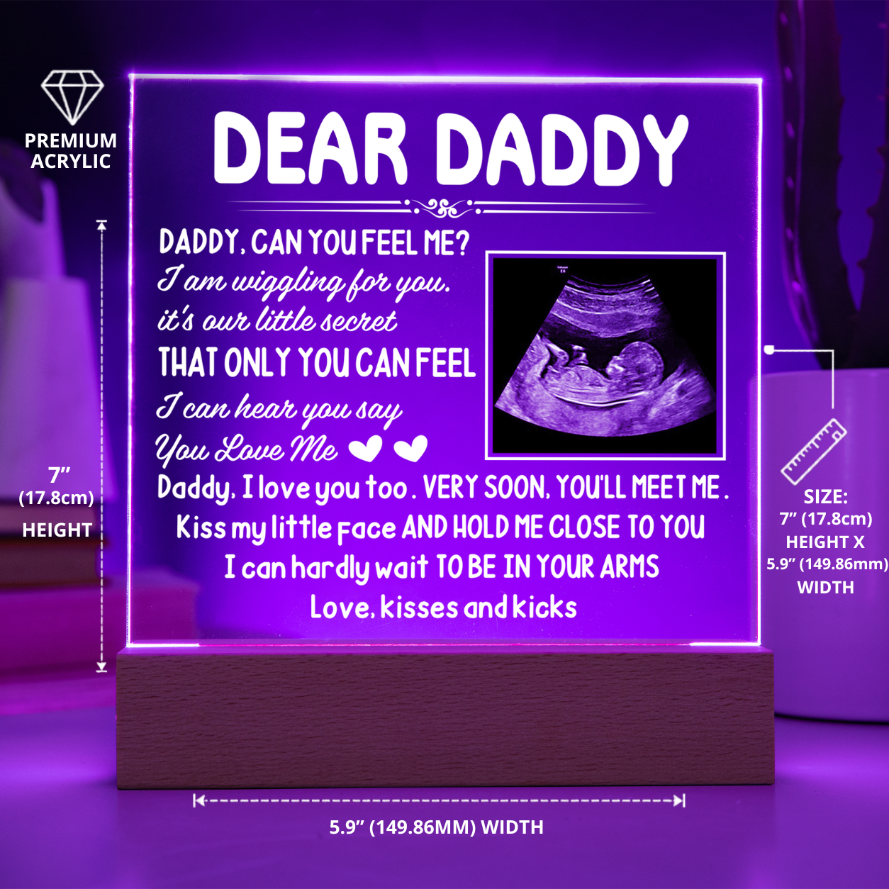Dear Daddy LED Acrylic Plaque – Pregnancy Announcement Night Light with Ultrasound Photo & Heartfelt Message from Bump
