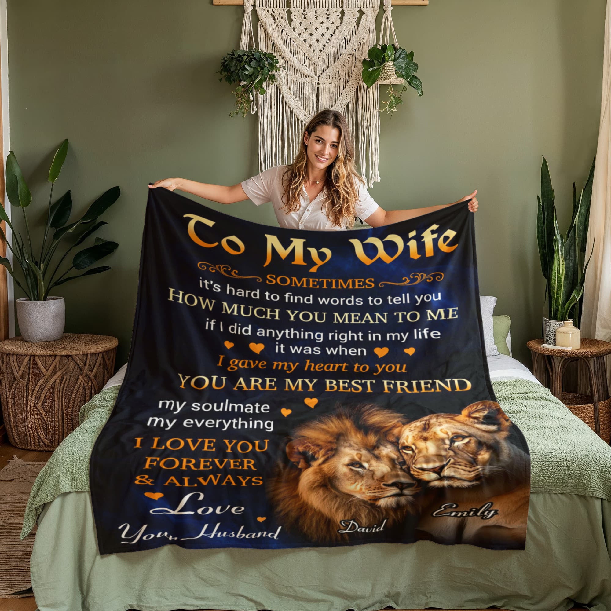 To My Wife Personalized Lion Couple Blanket – Custom Name Romantic Blanket Gift for Wife from Husband
