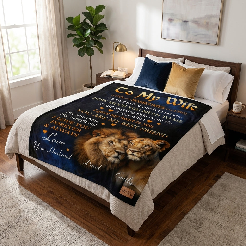 Personalized To My Wife Lion Couple Blanket – Custom Name Romantic Gift from Husband to Wife