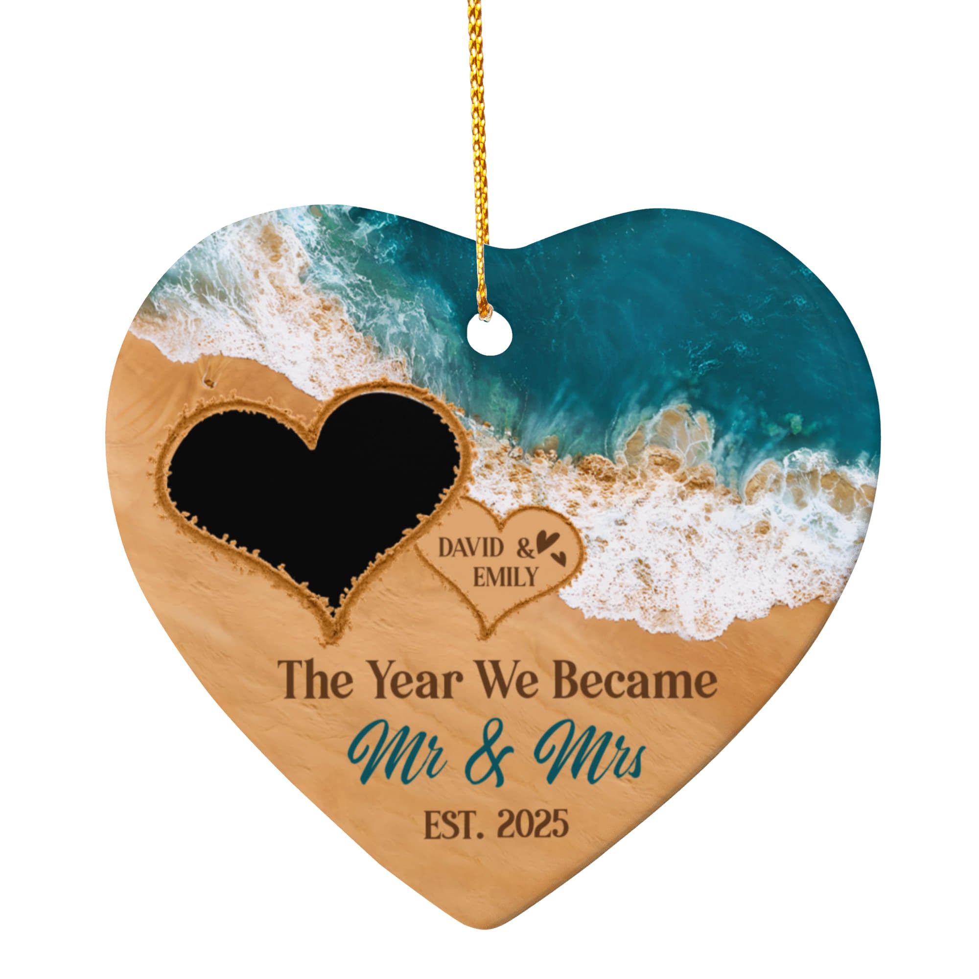 Personalized Engagement Beach Christmas Ornament – First Christmas as Mr & Mrs, Custom Photo Heart Ornament for Engaged Couple