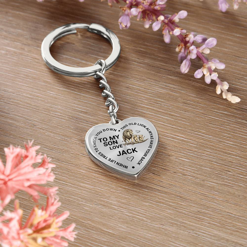 To My Son Heart Keychain Gift from Dad, Old Lion Always Has Your Back Personalized Keepsake