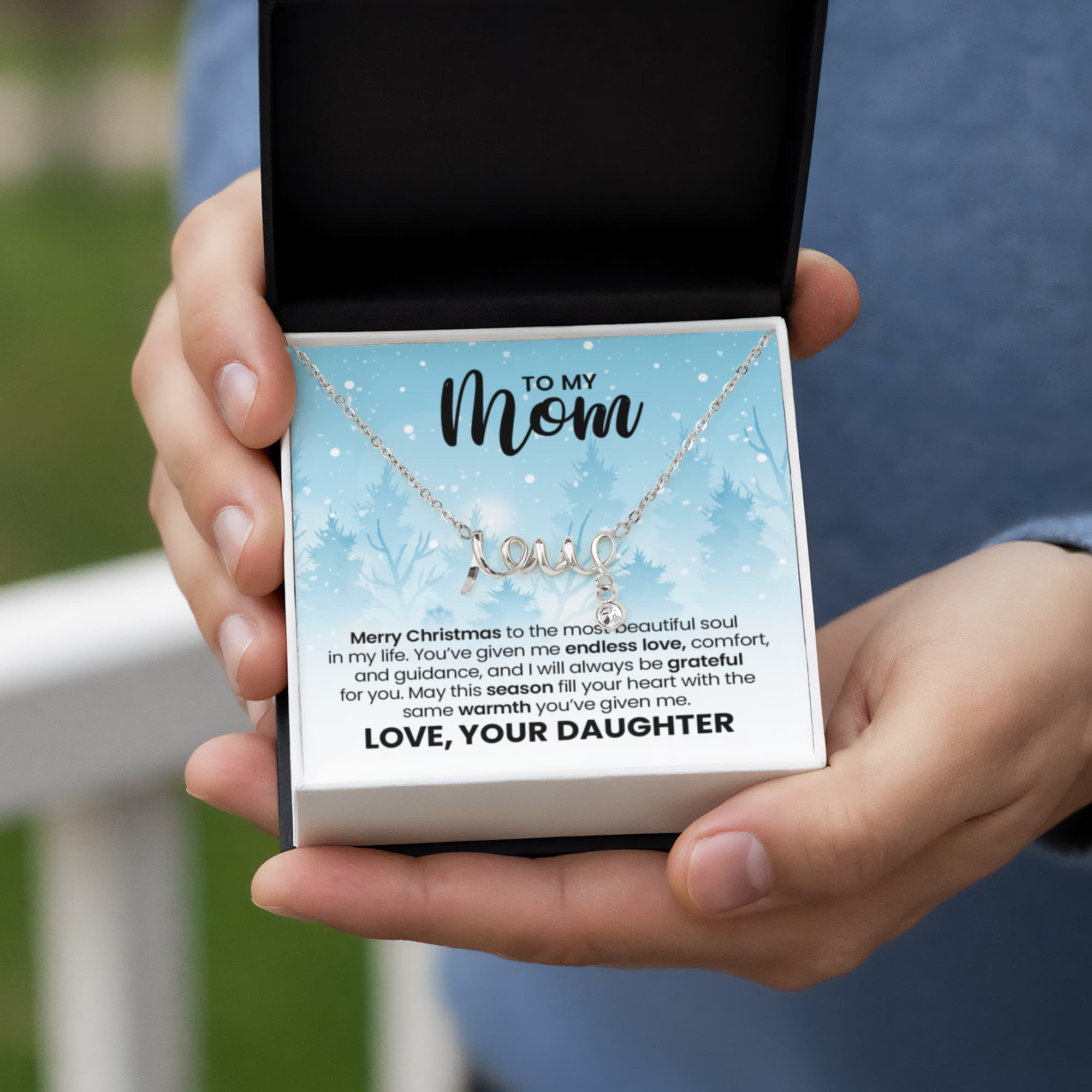 Love Necklace for Mom – Meaningful Christmas Gift from Daughter, Gold Scripted Love Necklace with Heartfelt Message Card