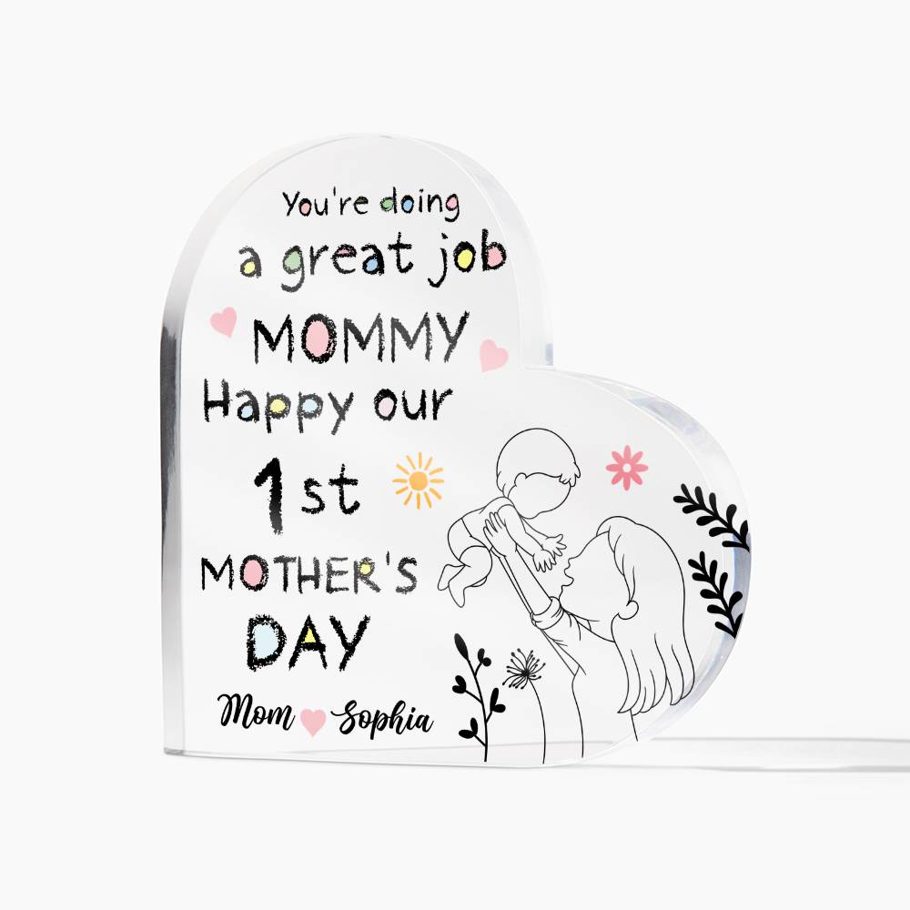 1st Mother’s Day Personalized Acrylic Plaque – First Mother’s Day Gift for Mommy, Custom Mom & Baby Name Keepsake, New Mom Heart Plaque