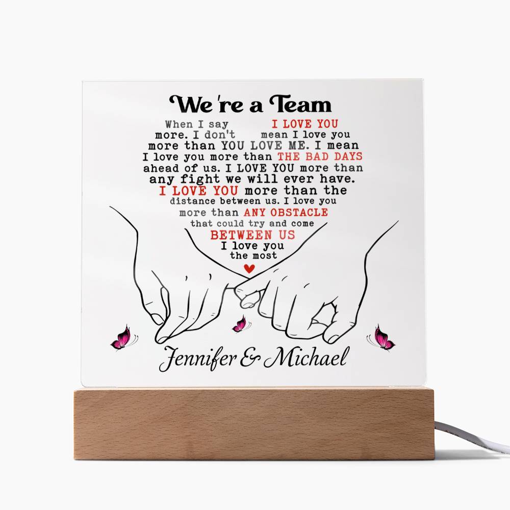 Personalized Valentine LED Acrylic Plaque – “I Love You More” Quote, Custom Names Romantic Light-Up Gift