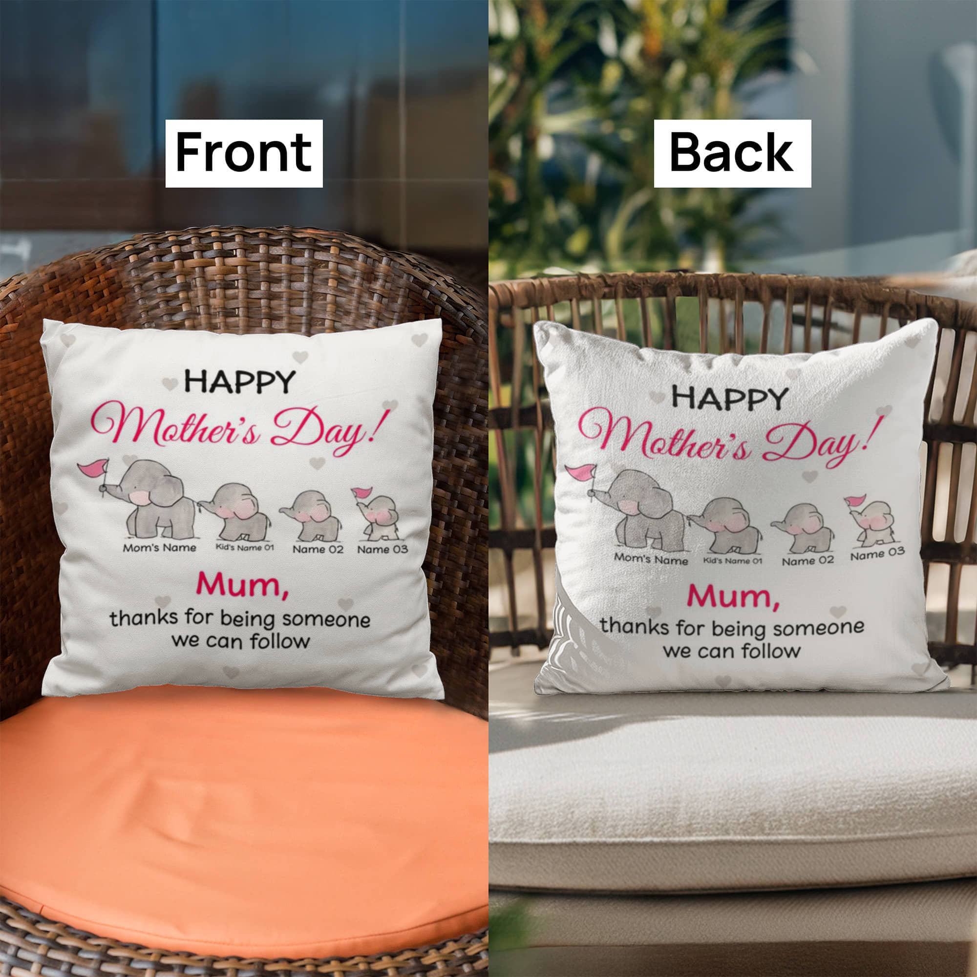 Personalized Mother’s Day Elephant Pillow – Custom Mom and Kids Name Pillow, Happy Mother’s Day Gift for Mom, Cute Mom Throw Pillow