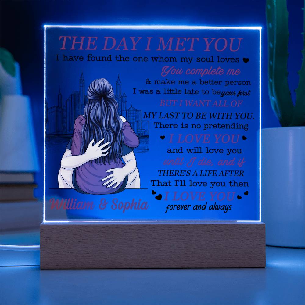 Personalized Valentine LED Acrylic Plaque – The Day I Met You Love Quote, Custom Names Light-Up Romantic Keepsake