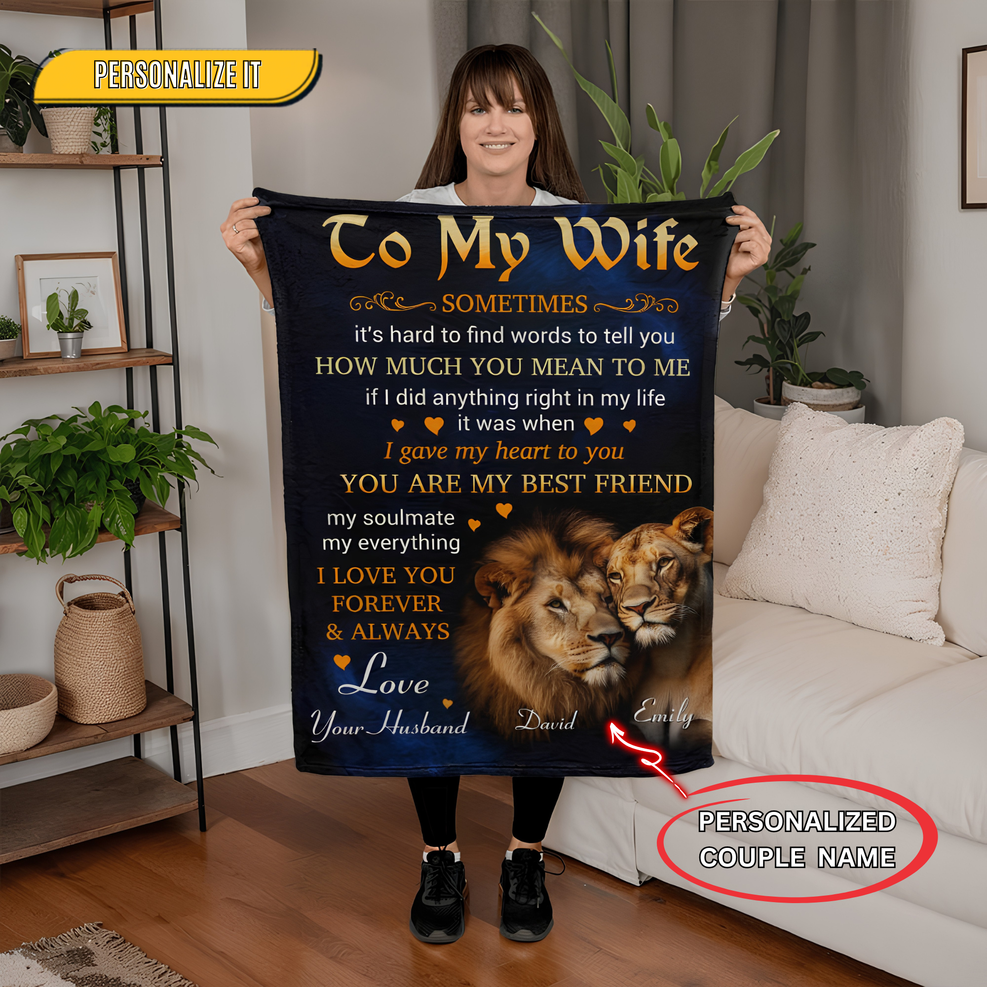 Personalized To My Wife Lion Couple Blanket – Custom Name Romantic Gift from Husband to Wife