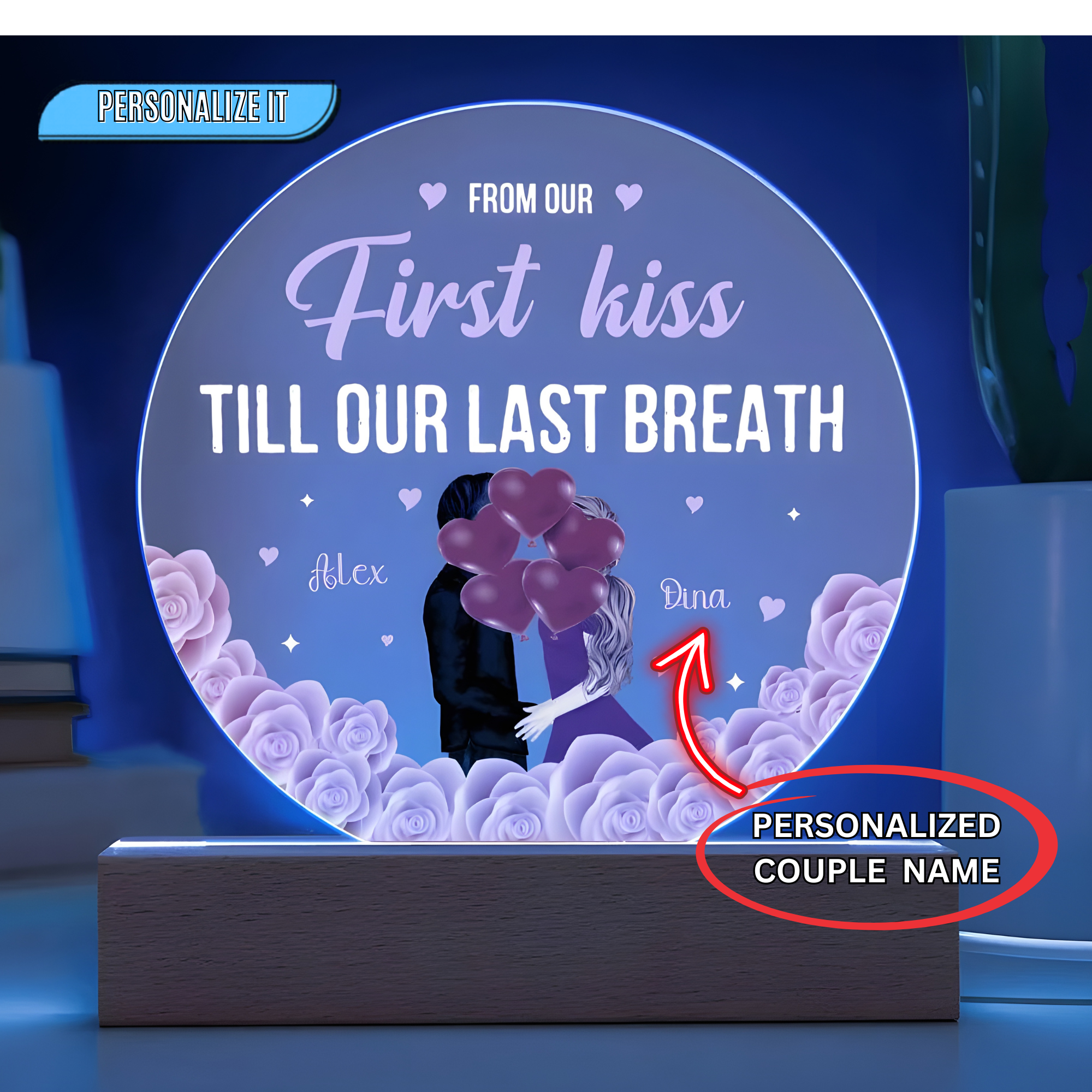 Personalized Valentine LED Acrylic Circle Plaque – Custom Names and Date Romantic Couple Gift