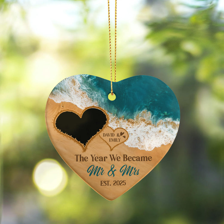 Romantic ceramic heart ornament featuring couple picture and custom text