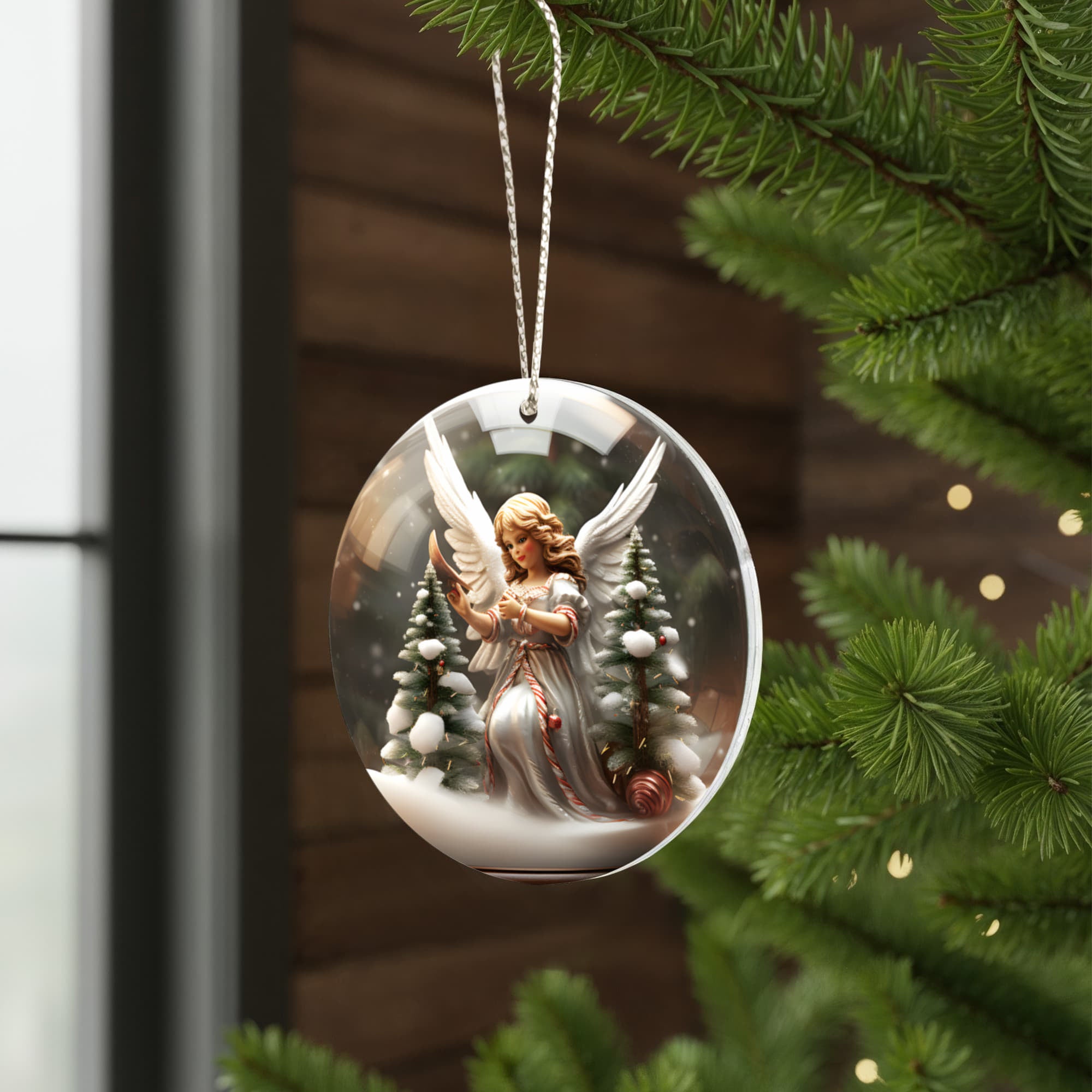 Angel Series Snow Globe Edition - Elegant Angel with Candy Cane Sash Acrylic Ornament