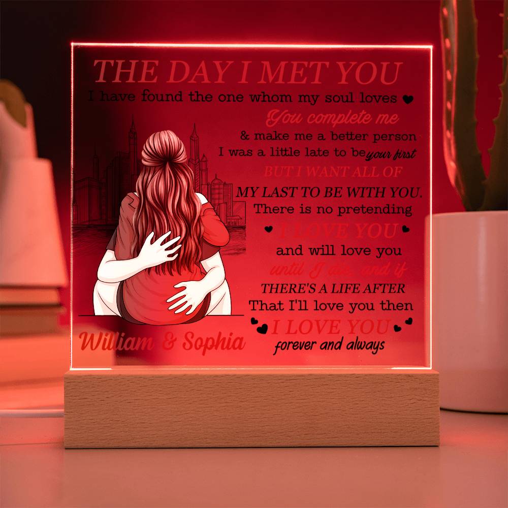 Personalized Valentine LED Acrylic Plaque – The Day I Met You Love Quote, Custom Names Light-Up Romantic Keepsake