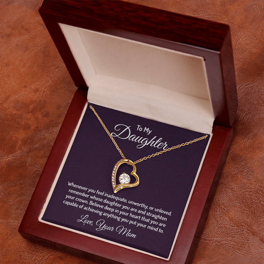 Forever Love Necklace for Daughter from Mom – CZ Heart Pendant, 14k White/18k Yellow Gold Finish, Adjustable Chain & Gift Box