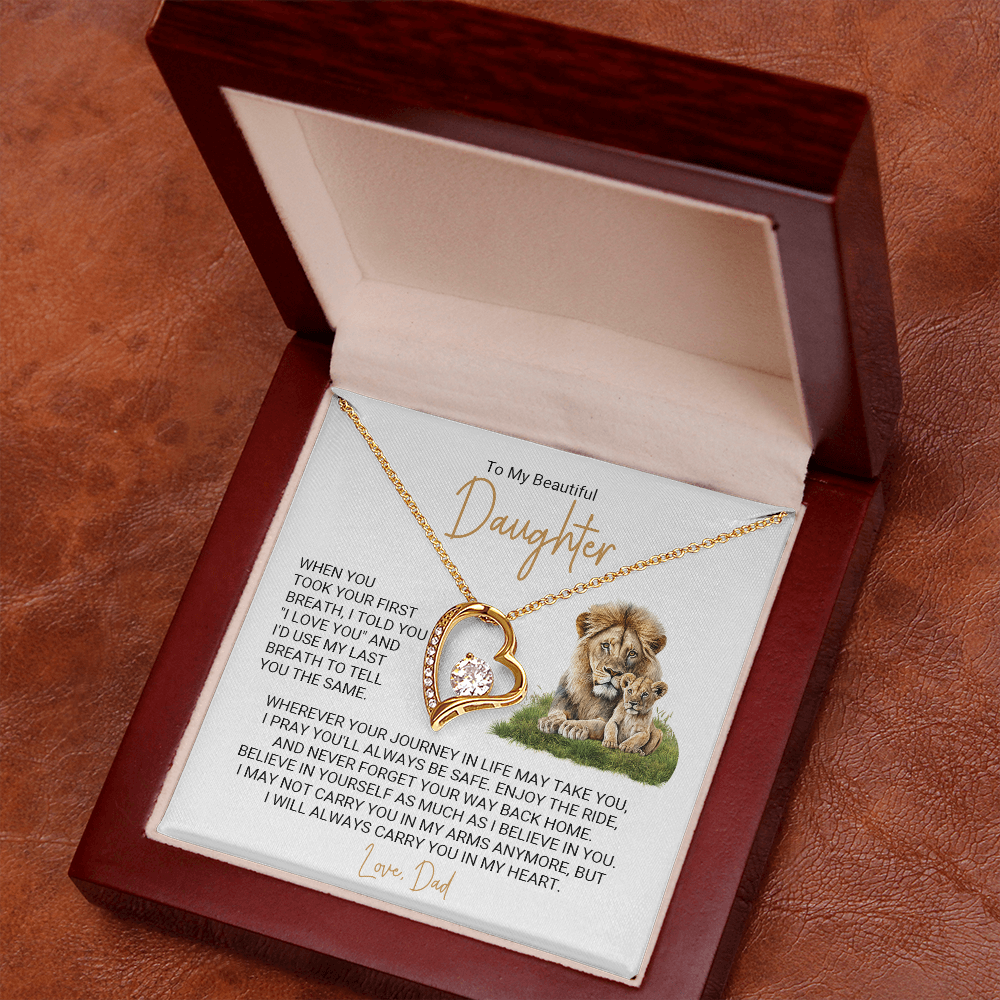 Forever Love Necklace for Daughter – Meaningful Gift from Dad, Heart Pendant Necklace with Lion Father & Daughter Message Card