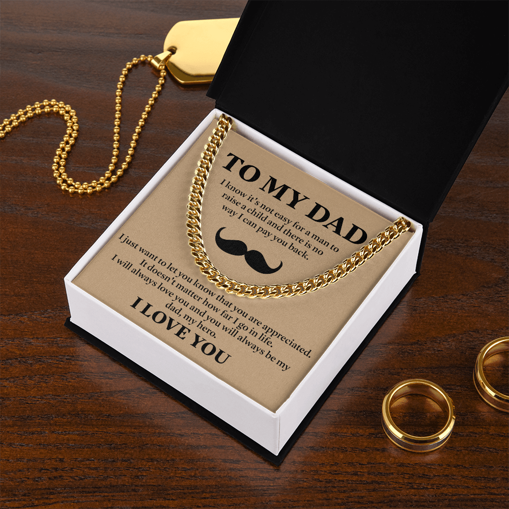 To My Dad Necklace – Silver Cuban Link Chain with Heartfelt Mustache Message Card Gift