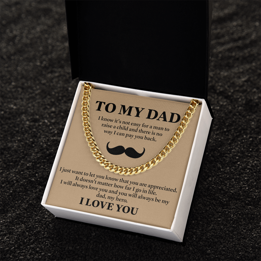 To My Dad Necklace – Silver Cuban Link Chain with Heartfelt Mustache Message Card Gift
