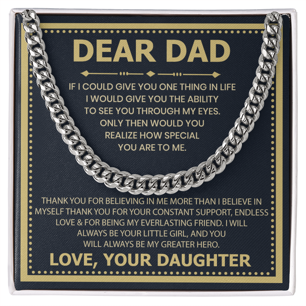 Dear Dad Necklace from Daughter – Silver Cuban Link Chain with Heartfelt Message Card Gift