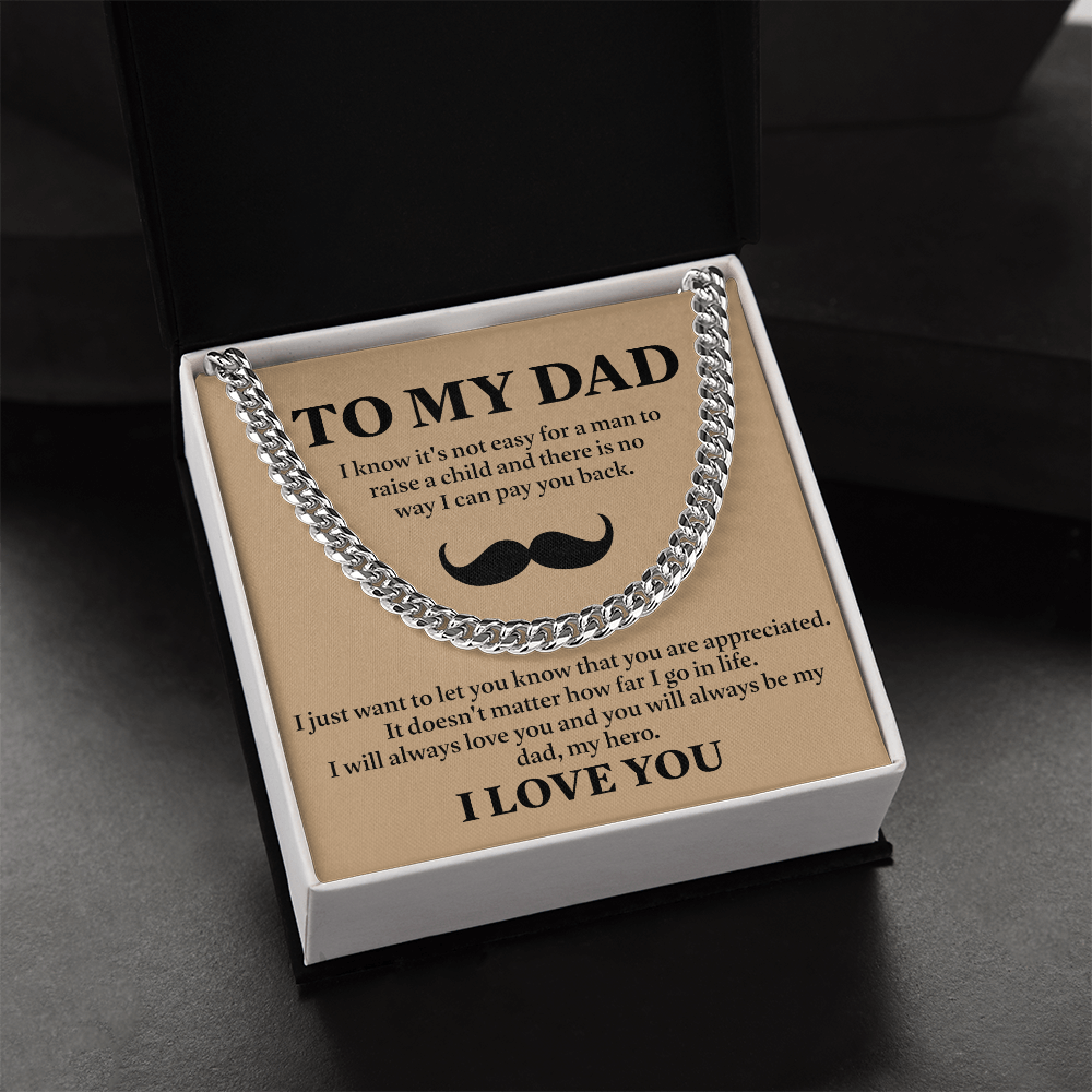 To My Dad Necklace – Silver Cuban Link Chain with Heartfelt Mustache Message Card Gift
