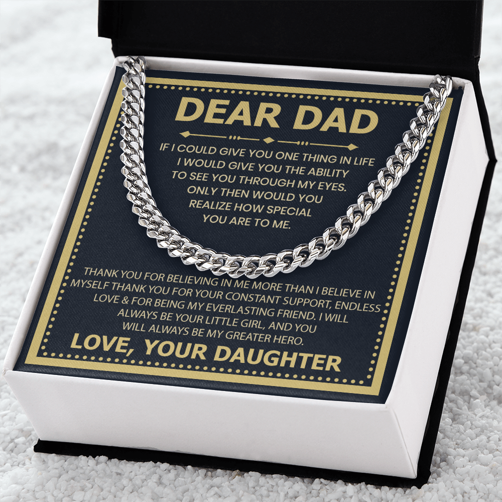 Dear Dad Necklace from Daughter – Silver Cuban Link Chain with Heartfelt Message Card Gift