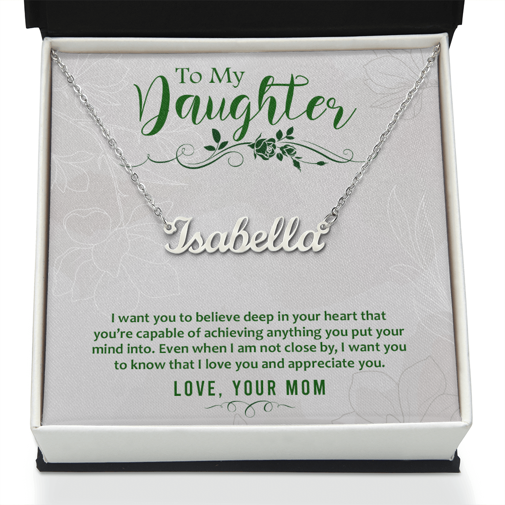Custom Name Necklace for Daughter from Mom – Personalized Script Pendant, Stainless Steel or 18K Gold, Adjustable 16–18" Chain, Gift Box Included