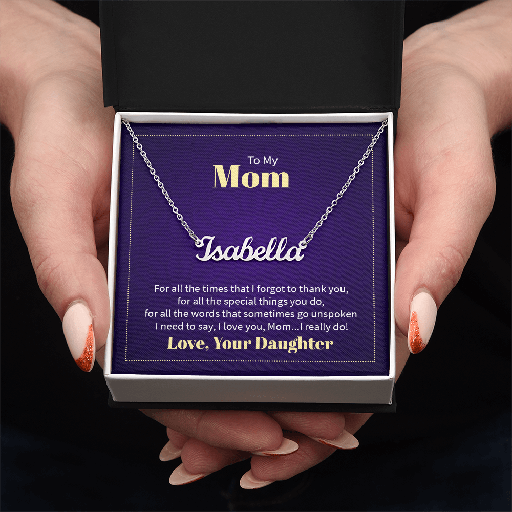 Custom Name Necklace - For Mom From Daughter: Personalized Script Pendant, Adjustable Chain, Gift Box & Message Card