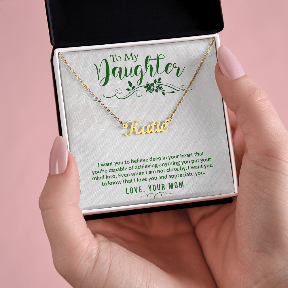 Custom Name Necklace for Daughter from Mom – Personalized Script Pendant, Stainless Steel or 18K Gold, Adjustable 16–18" Chain, Gift Box Included