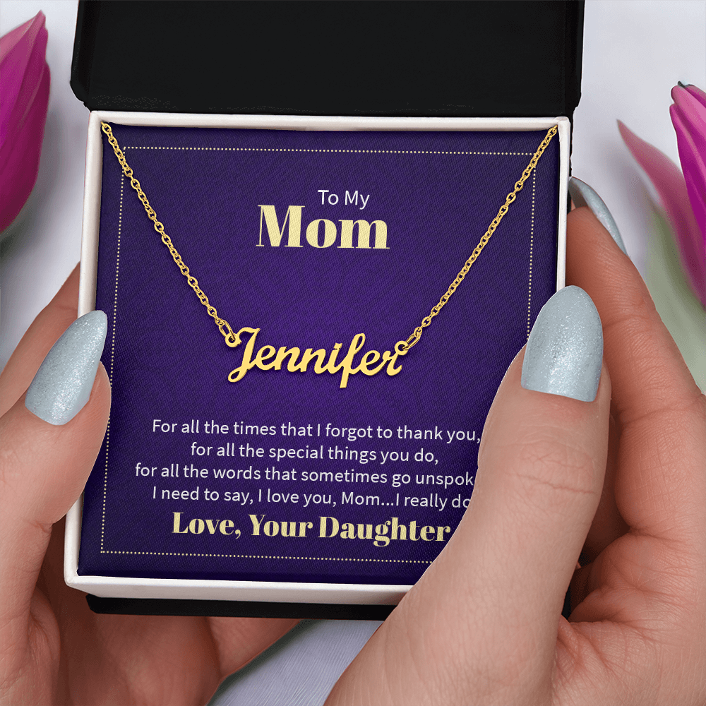 Custom Name Necklace - For Mom From Daughter: Personalized Script Pendant, Adjustable Chain, Gift Box & Message Card