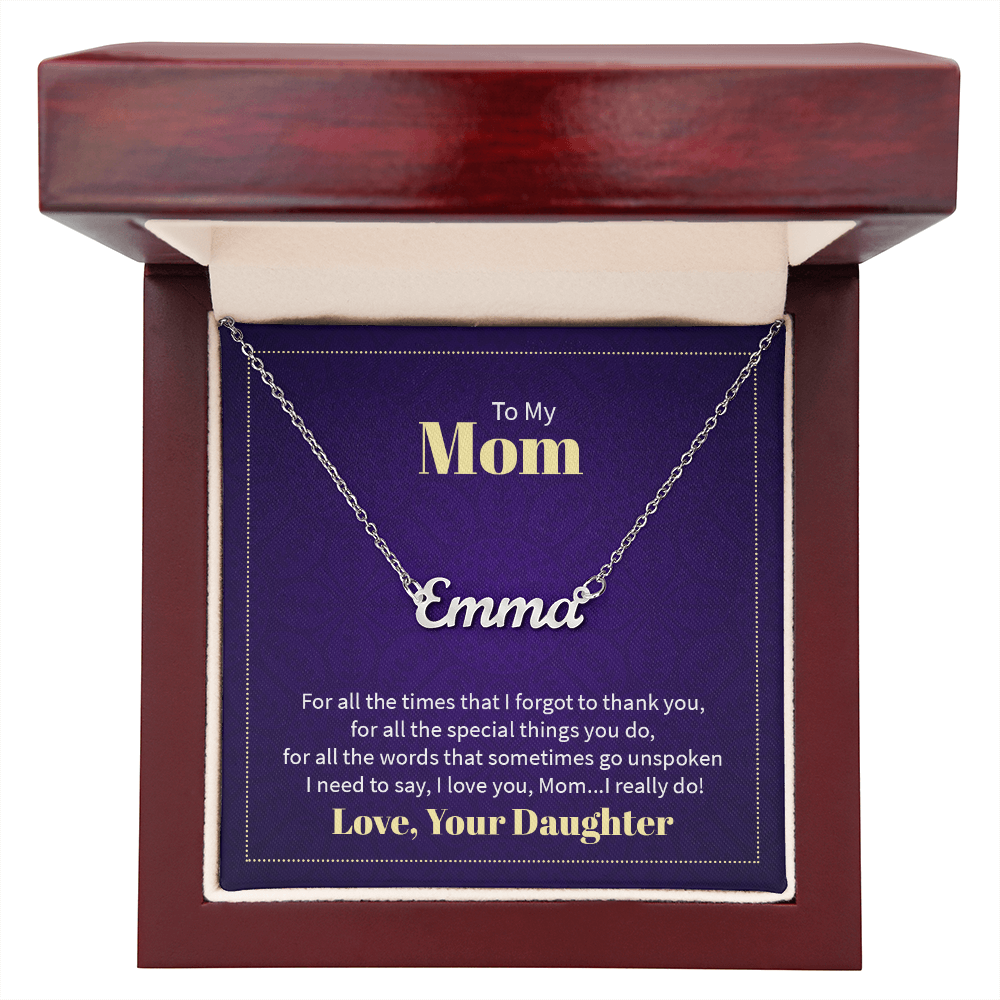 Custom Name Necklace - For Mom From Daughter: Personalized Script Pendant, Adjustable Chain, Gift Box & Message Card