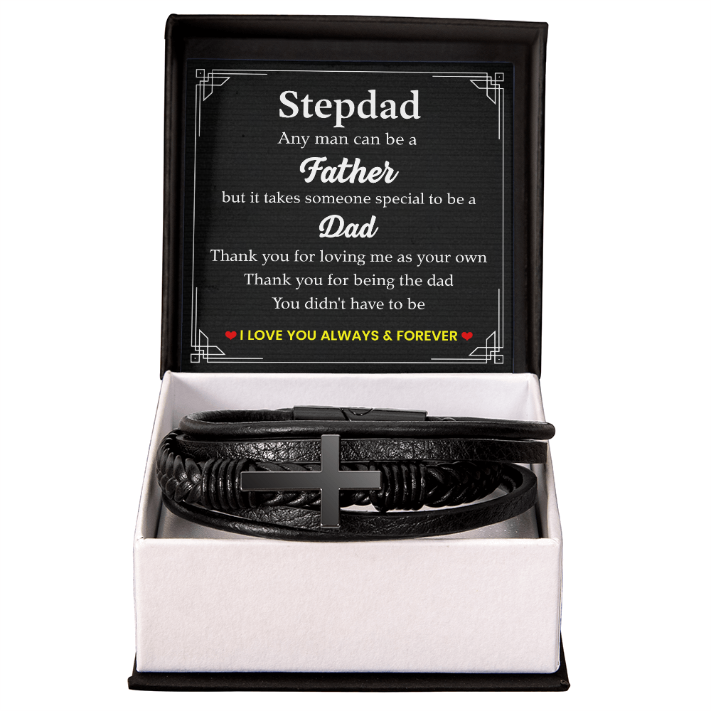 To My Stepdad Bracelet – Black Leather Cross Bracelet with Heartfelt Message Card Gift