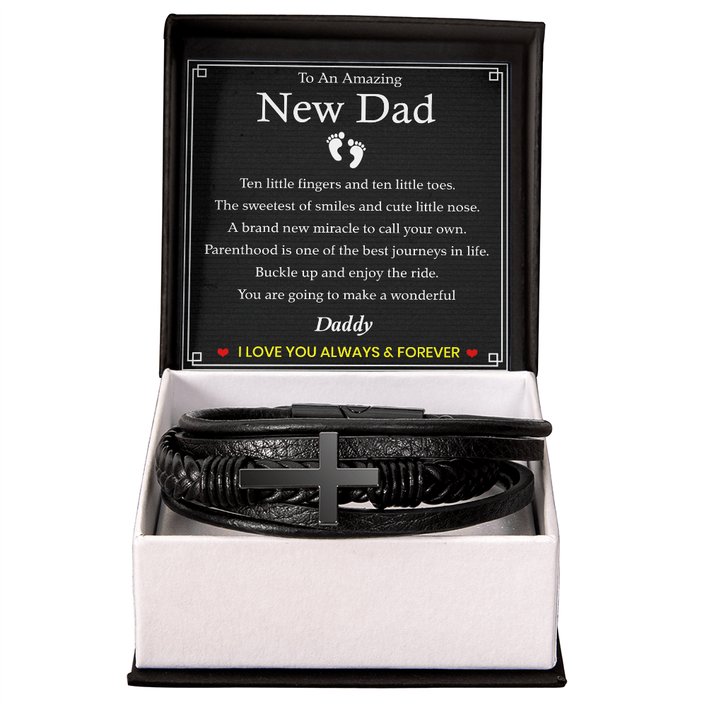 To An Amazing New Dad Bracelet – Black Leather Cross Bracelet with Heartfelt New Dad Message Card Gift