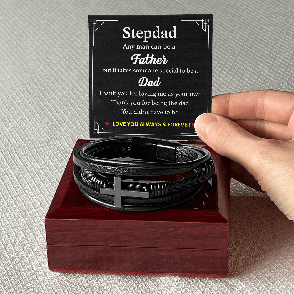 To My Stepdad Bracelet – Black Leather Cross Bracelet with Heartfelt Message Card Gift