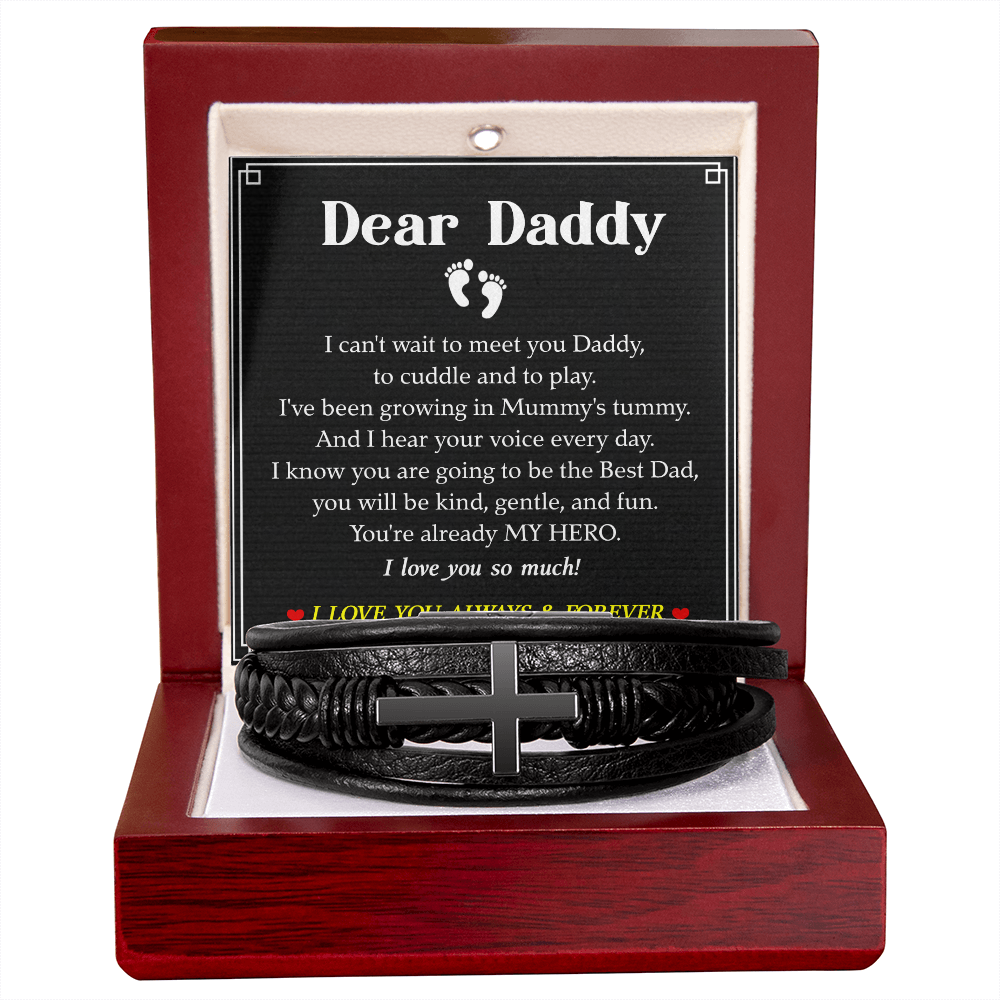 Dear Daddy Bracelet from Bump – Pregnancy Announcement Leather Cross Bracelet with Heartfelt Message Card Gift