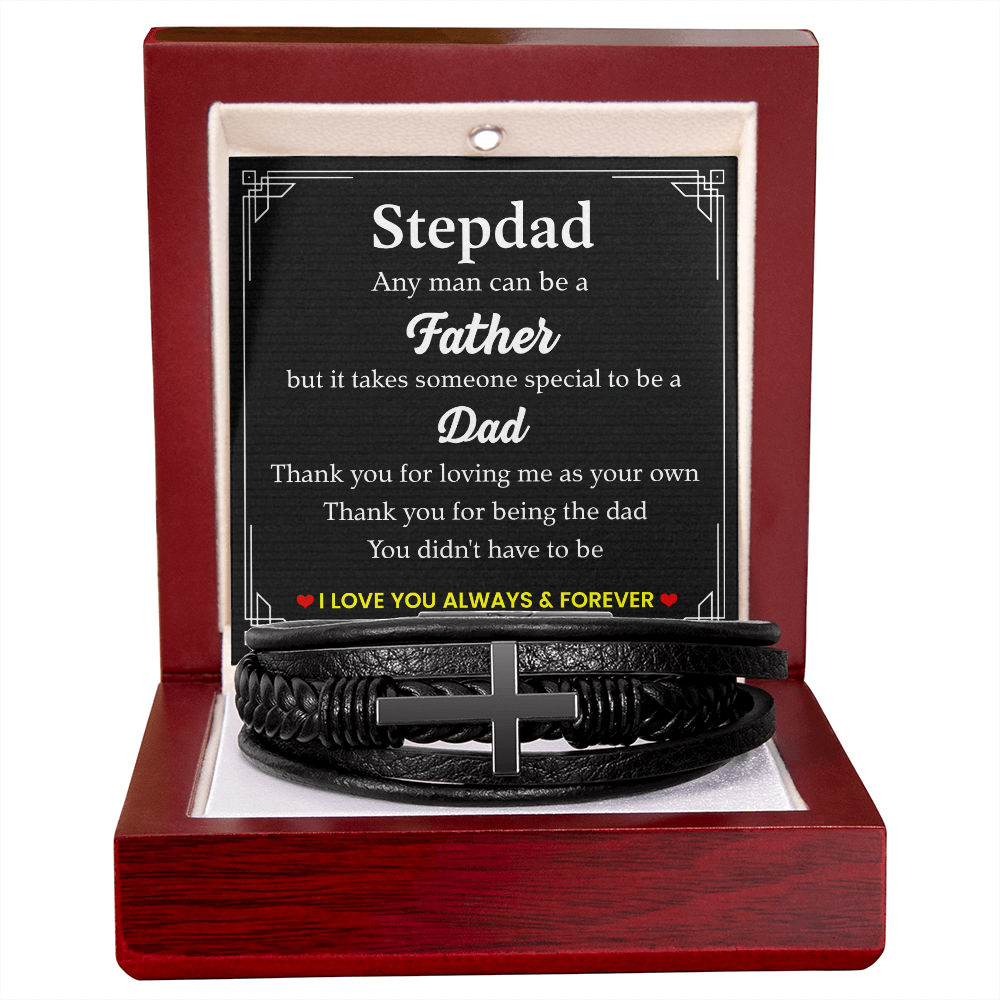To My Stepdad Bracelet – Black Leather Cross Bracelet with Heartfelt Message Card Gift
