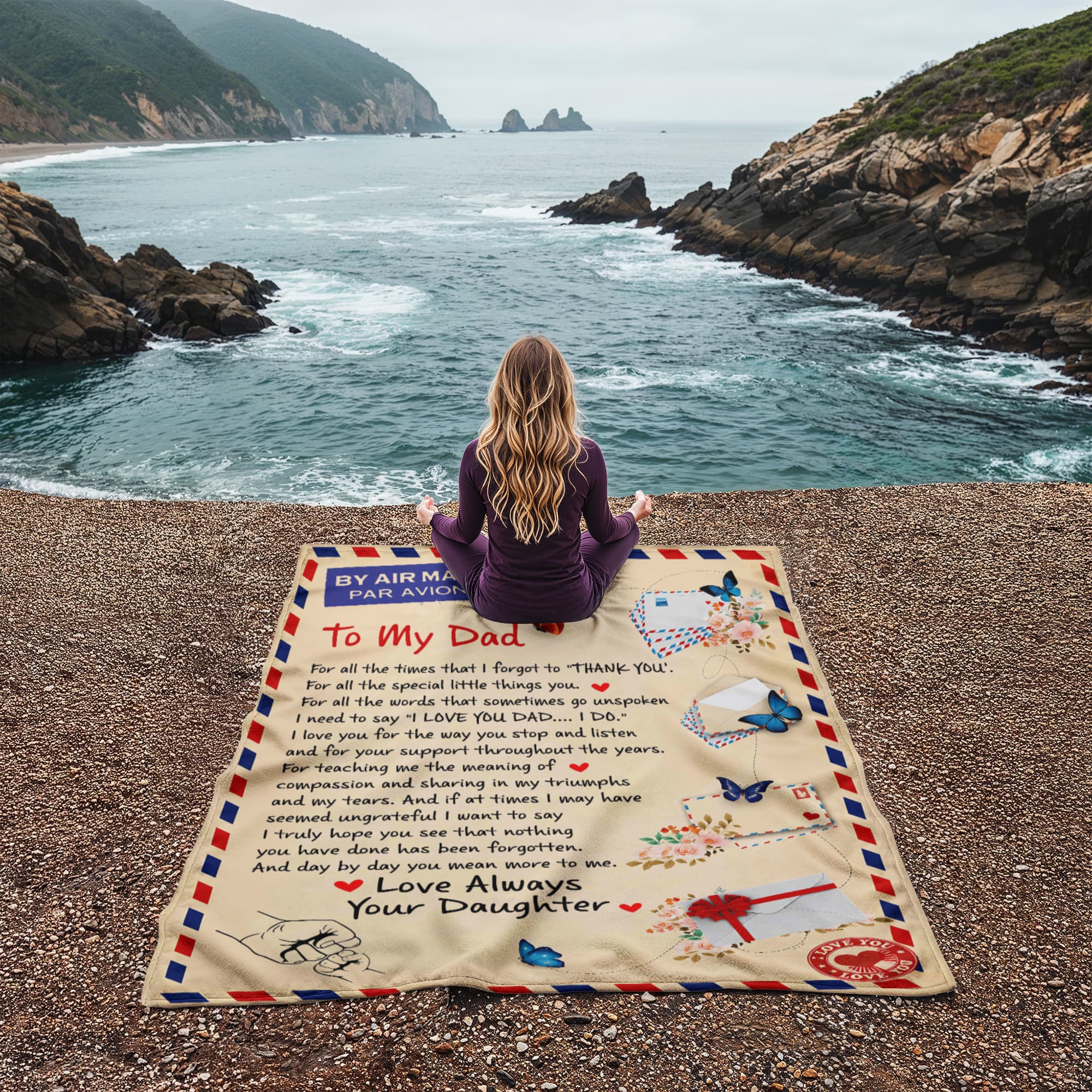 To My Dad Airmail Blanket from Daughter – Sentimental Fleece Throw with Heartfelt Love Letter & Butterfly Design Gift