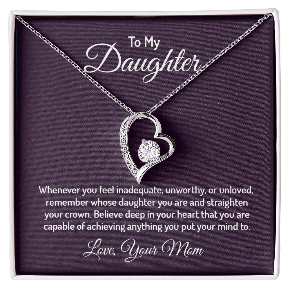 Forever Love Necklace for Daughter from Mom – CZ Heart Pendant, 14k White/18k Yellow Gold Finish, Adjustable Chain & Gift Box
