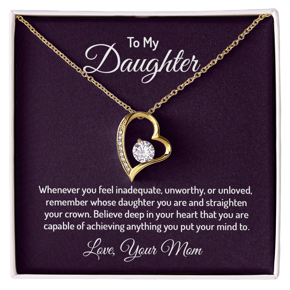 Forever Love Necklace for Daughter from Mom – CZ Heart Pendant, 14k White/18k Yellow Gold Finish, Adjustable Chain & Gift Box