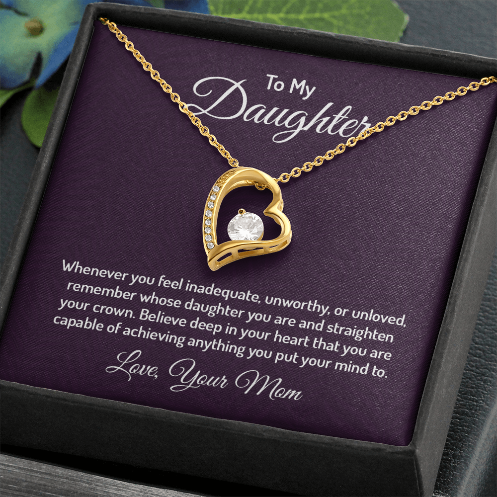 Forever Love Necklace for Daughter from Mom – CZ Heart Pendant, 14k White/18k Yellow Gold Finish, Adjustable Chain & Gift Box