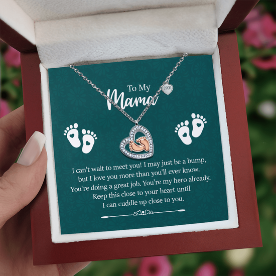 Baby Feet Heart Necklace – “To My Mama” Sterling Silver & 14K Rose Gold CZ Pendant | New Mom, Baby Shower & Mother’s Day Gift
