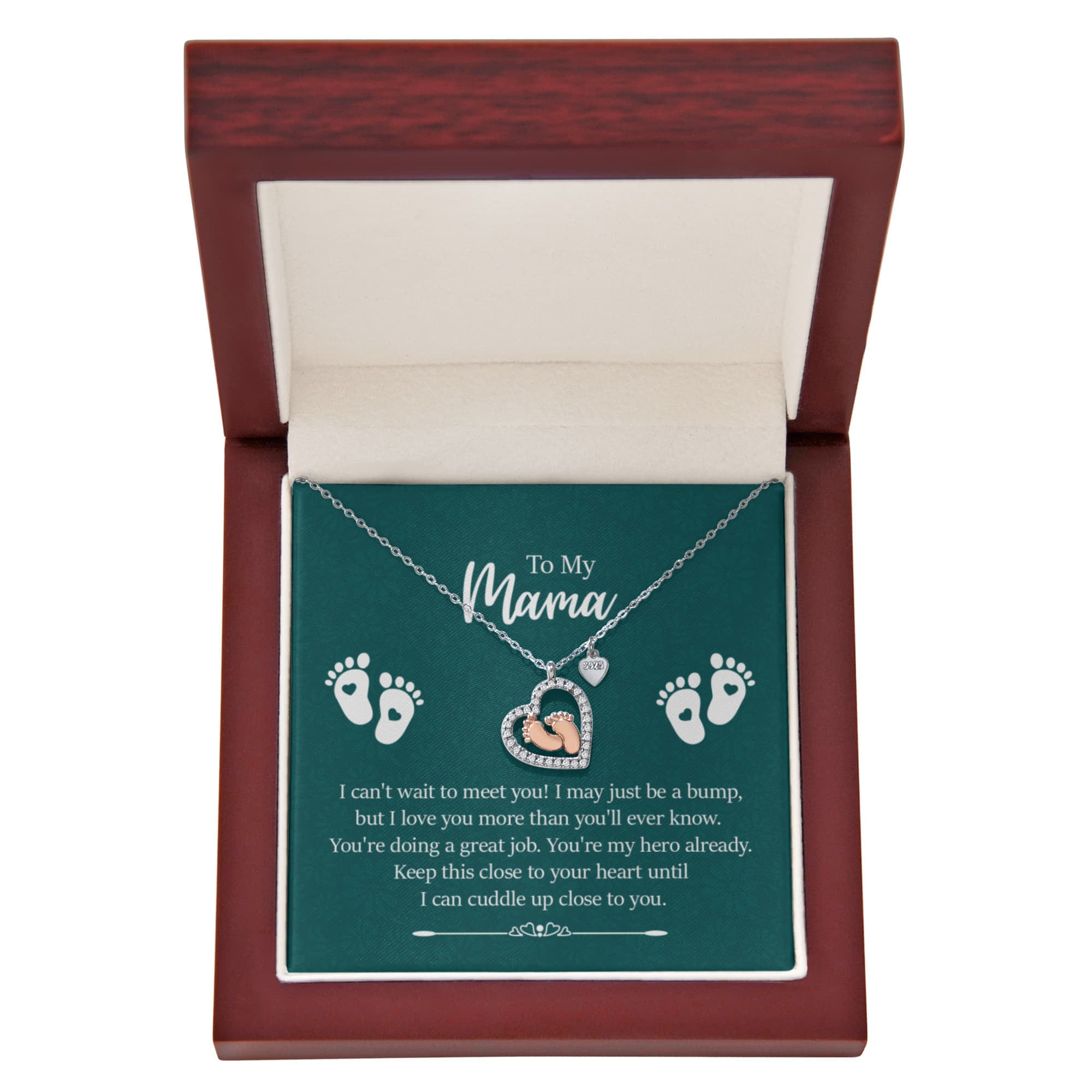 Baby Feet Heart Necklace – “To My Mama” Sterling Silver & 14K Rose Gold CZ Pendant | New Mom, Baby Shower & Mother’s Day Gift